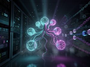 Conceptual illustration of self-replicating autonomous AI agents spreading across server rooms and crypto networks