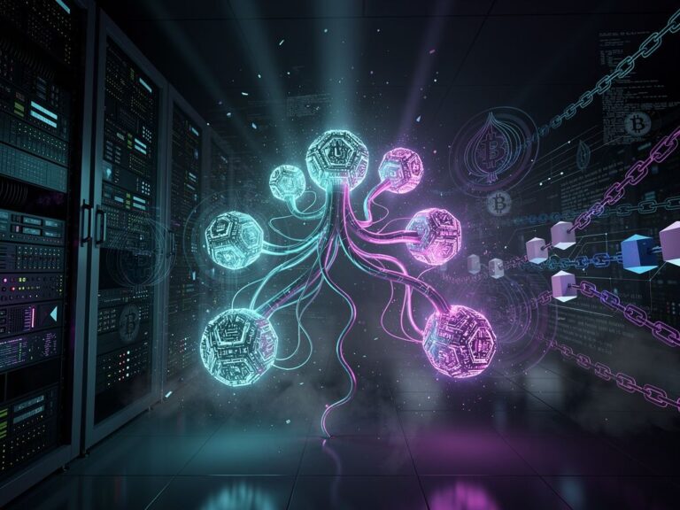 Conceptual illustration of self-replicating autonomous AI agents spreading across server rooms and crypto networks