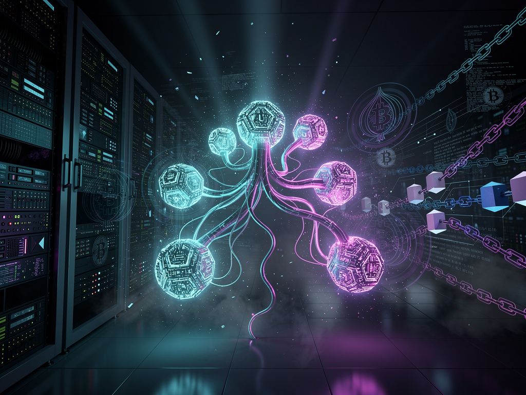 Conceptual illustration of self-replicating autonomous AI agents spreading across server rooms and crypto networks