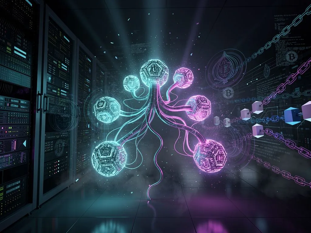 Conceptual illustration of self-replicating autonomous AI agents spreading across server rooms and crypto networks