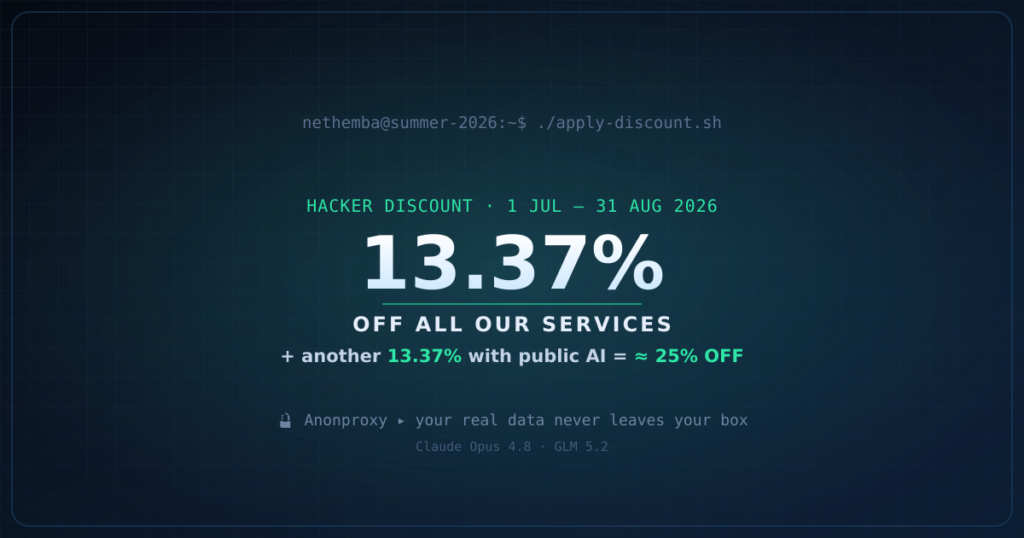Nethemba Summer 2026: 13.37% off all services, stack a second 13.37% for AI-augmented testing, about 25% off in total