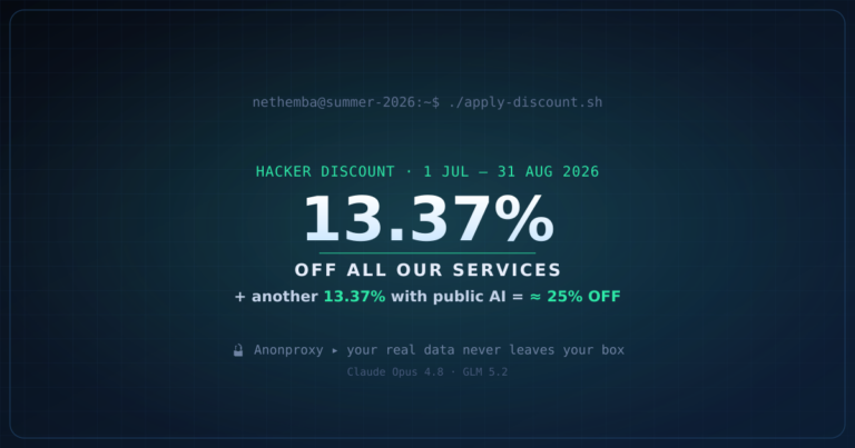 Nethemba Summer 2026: 13.37% off all services, stack a second 13.37% for AI-augmented testing, about 25% off in total