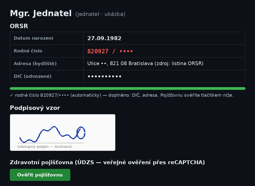 Ukázka výstupu nástroje pro jednoho jednatele. Rodné číslo i podpis jsou zde záměrně redigované; ve skutečném výstupu jsou vidět kompletní.