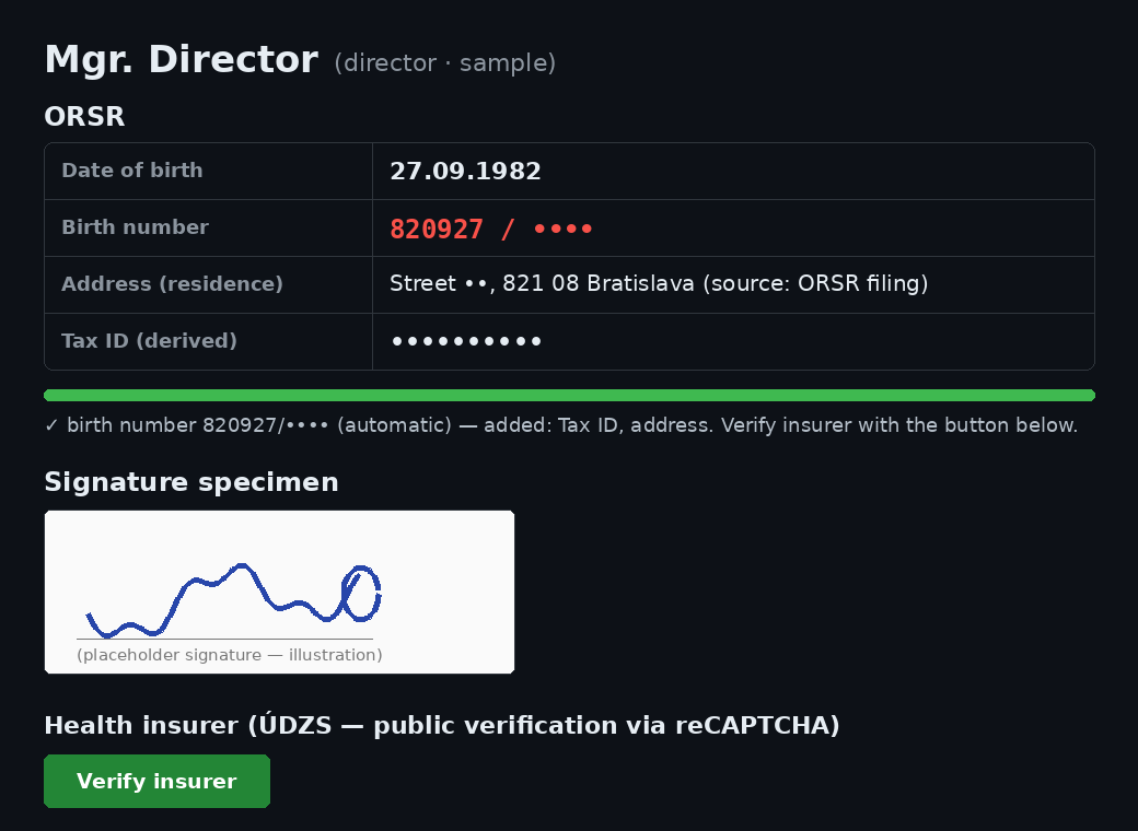 Example of the tool's output for one director. The birth number and signature are redacted here on purpose; in the real output they are shown in full.
